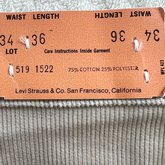 Vintage 1980s Levi's 519 Corduroy Pants Straight Leg Beige USA Made 34x36 NEW - Picture 4 of 5
